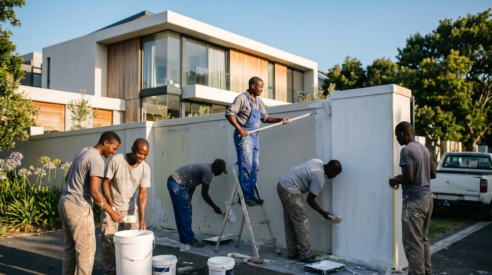 Professional team painting a boundary wall at a modern home in Mouille Point