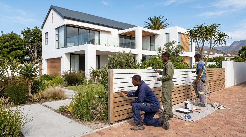Professional fence painters painting a wooden fence at a coastal home in Mouille Point