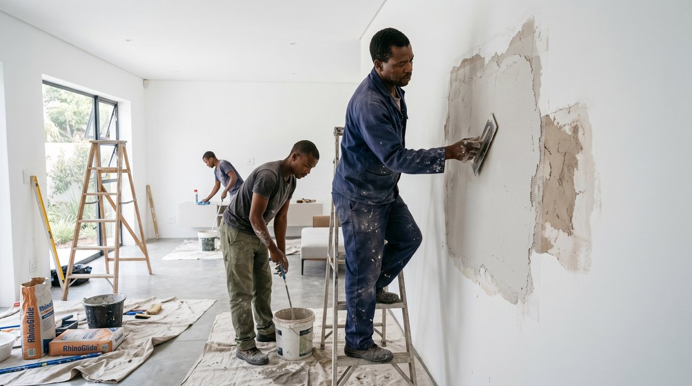 Professional plaster repair team skim coating damaged walls in Mouille Point