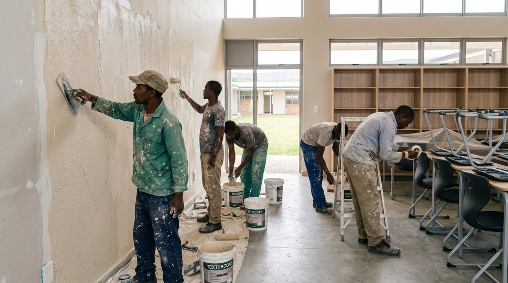 Professional texture coating team applying Texturcoat to interior walls in Mouille Point