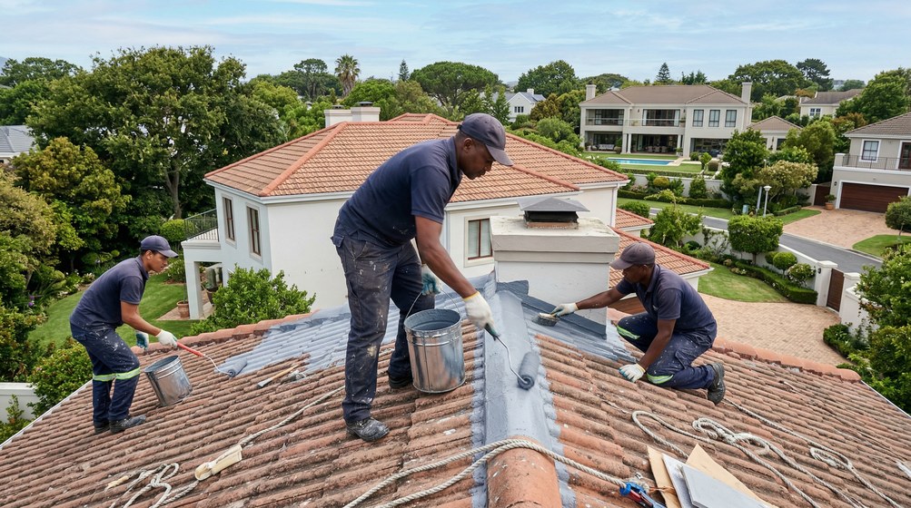 Professional waterproofing team applying membrane to roof in Mouille Point