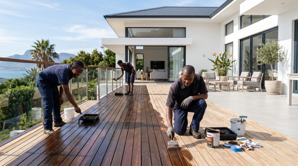 Professional wood staining team applying deck stain overlooking the ocean in Mouille Point